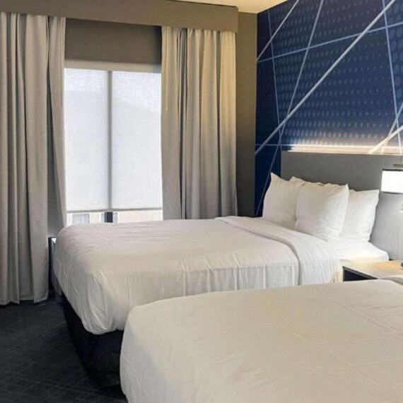 comfort inn hotel with window drapery and bedding